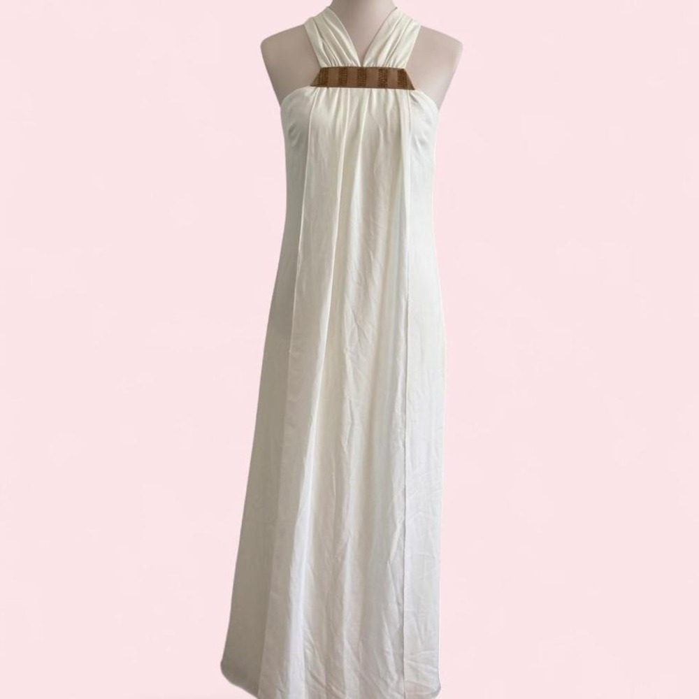Y2K Belle Badgley Mischka White Halter Maxi Dress with Brown Beaded Detail NWT
